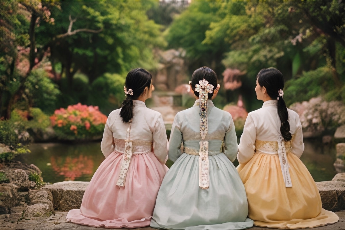 정원에 앉은 세 명의 한복 차림 친구들