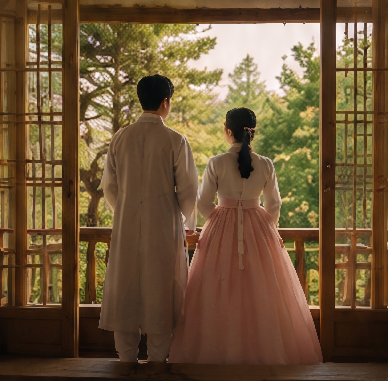 강릉 한복스냅 — 한옥 창가에서 밖을 내다보는 한복 커플